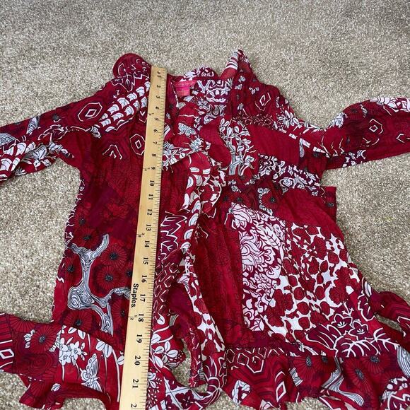 Sunny Leigh top blouse button wrap red/white crinkle material trumpet sleeves SM - Picture 9 of 11